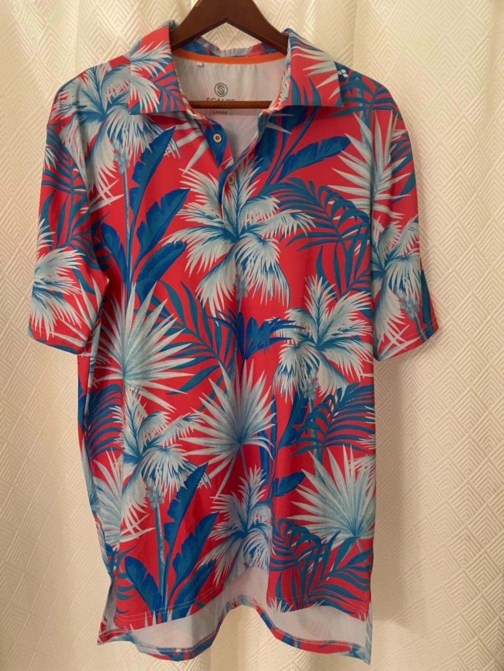 SCALES Tropical Palm Print Polo - Coral & Blue Size Large